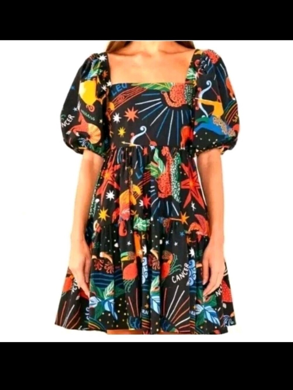 FARM Rio Black Multi Zodiac Print Puff-Sleeve Mini Dress